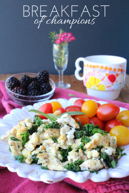Breakfast of Champions! Kale, Eggs & Feta Cheese with Fresh Tomatoes, fruit and lemon water
